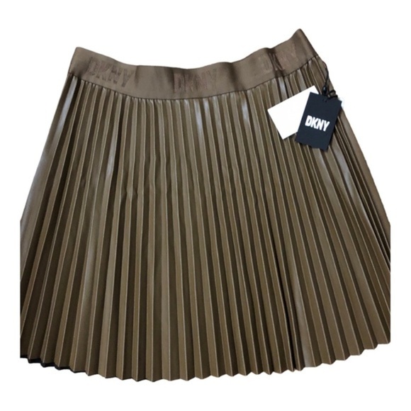 DKNY olive Faux leather accordian Pleats logo waistband Mini Skirt‎ size XL new - Picture 2 of 15